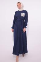 Tesettür giyim LACİVERT KUŞAKLI ELBİSE T 7574