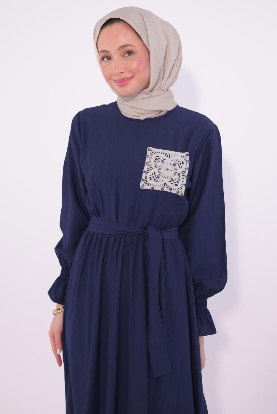 Tesettür giyim LACİVERT KUŞAKLI ELBİSE T 7574