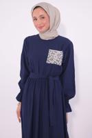 Tesettür giyim LACİVERT KUŞAKLI ELBİSE T 7574
