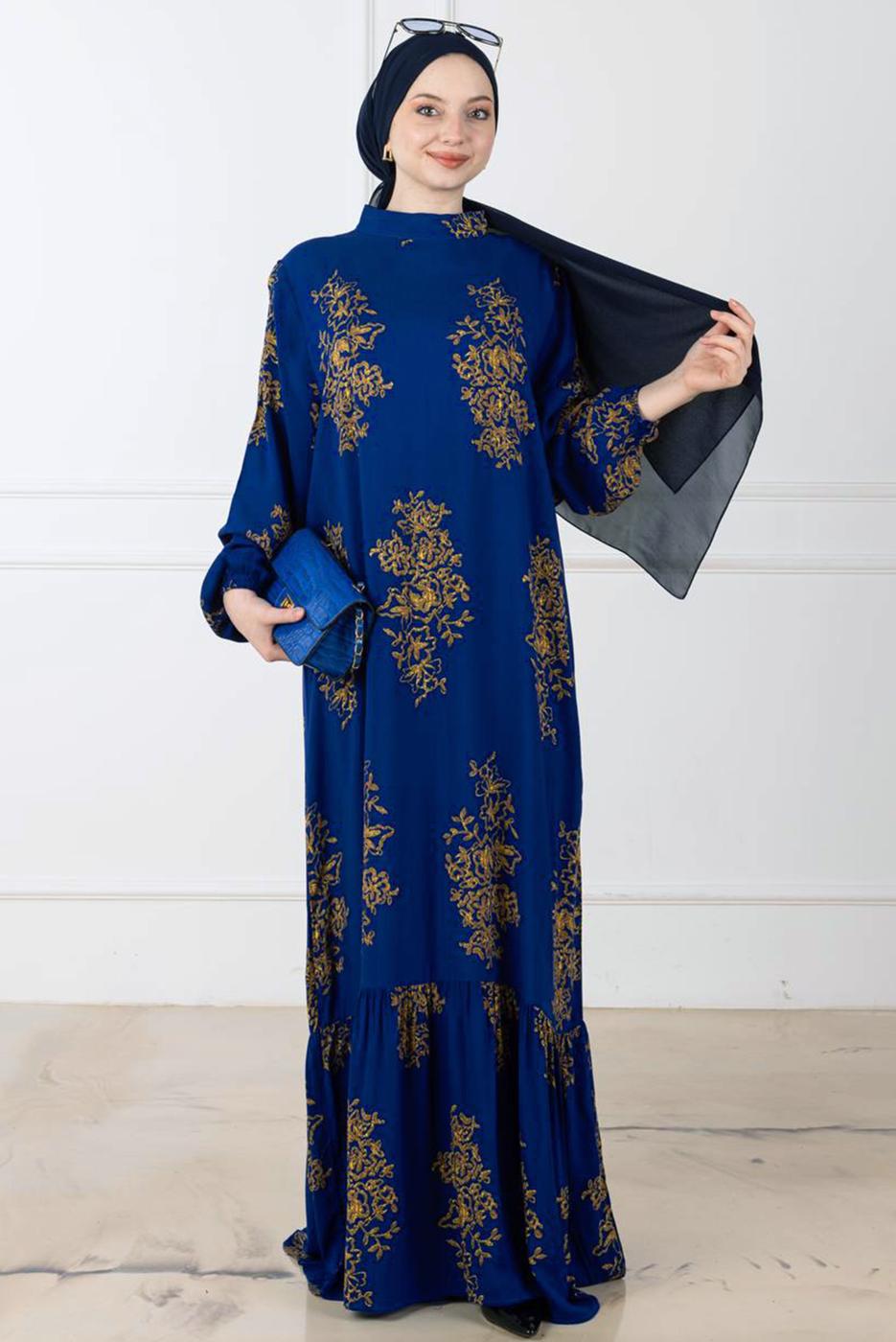 Tesettür giyim LACİVERT DESENLİ ELBİSE T 7744