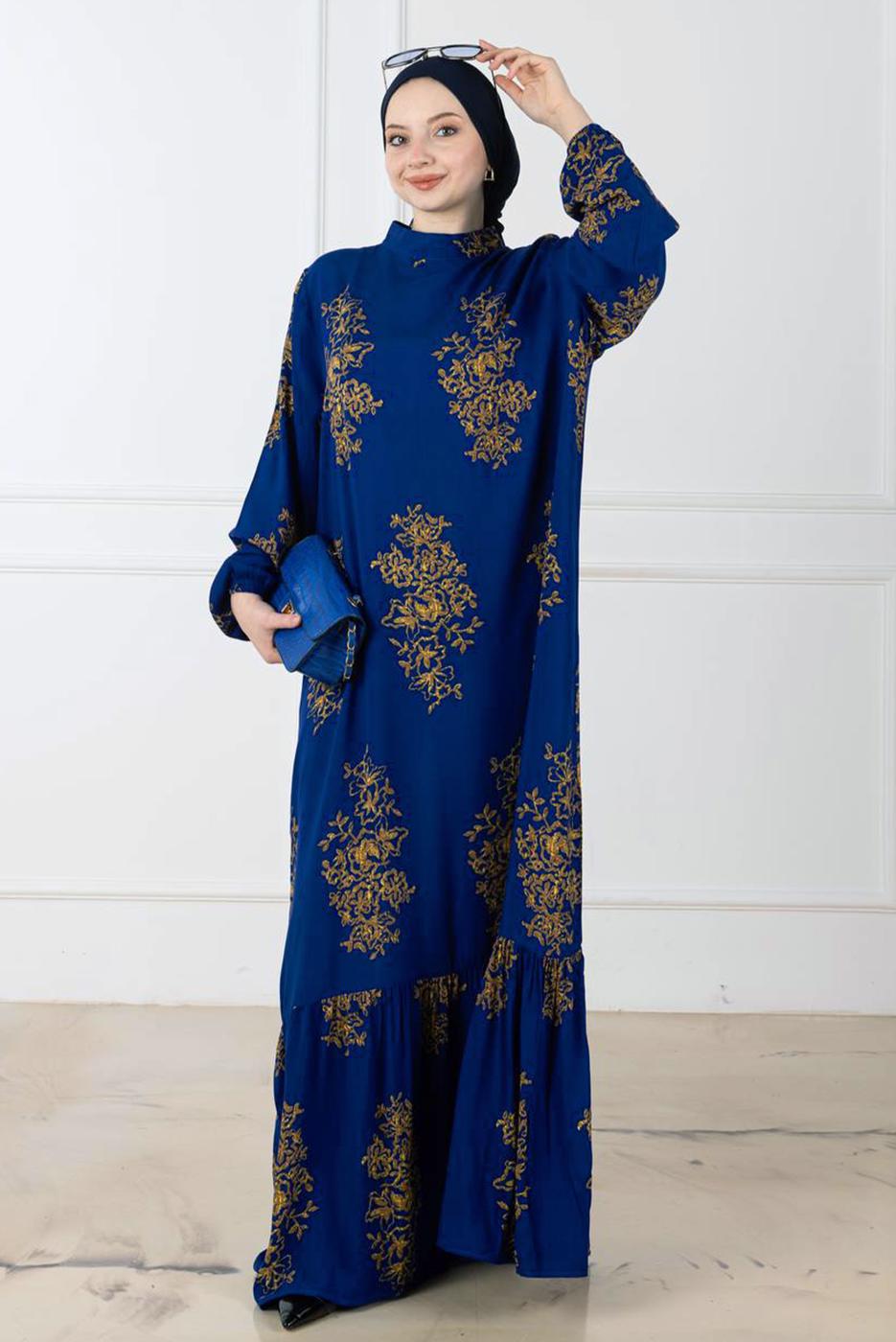 Tesettür giyim LACİVERT DESENLİ ELBİSE T 7744