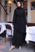 Tesettür giyim SİYAH KUŞAKLI KATLI ELBİSE T 7884