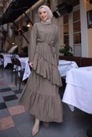 Tesettür giyim VİZON KUŞAKLI KATLI ELBİSE T 7884