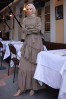 Tesettür giyim VİZON KUŞAKLI KATLI ELBİSE T 7884