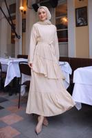 Tesettür giyim BEJ KUŞAKLI KATLI ELBİSE T 7884