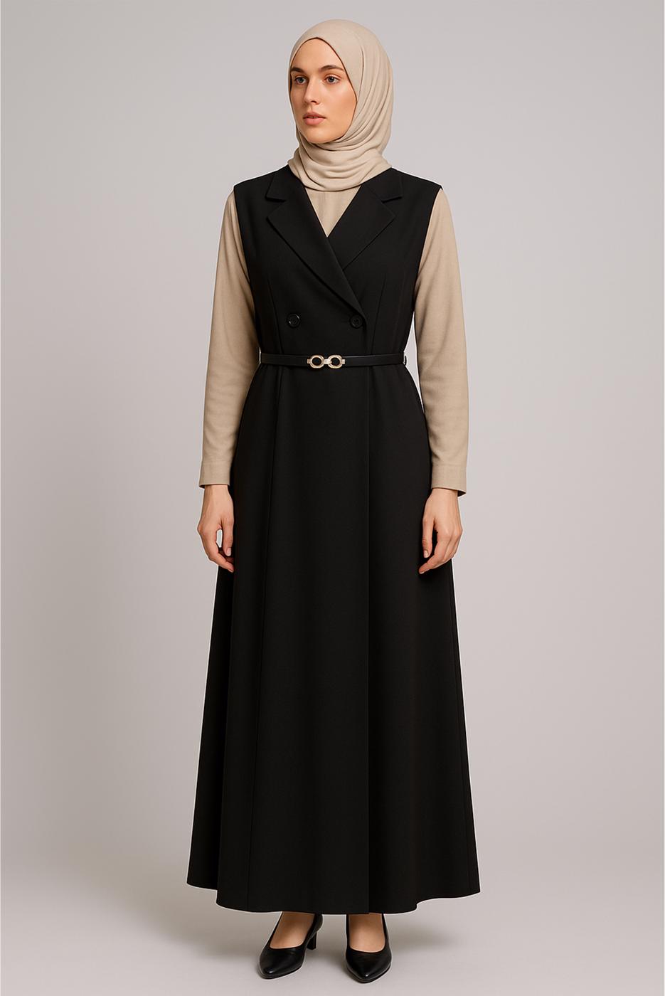 Tesettür giyim SİYAH KEMERLİ ELBİSE T 8026