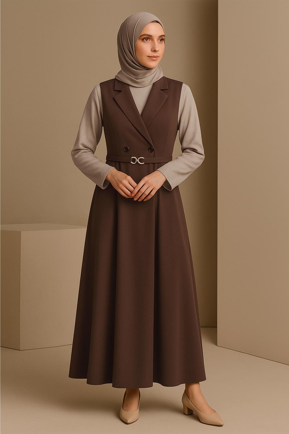 Tesettür giyim KAHVE KEMERLİ ELBİSE T 8026