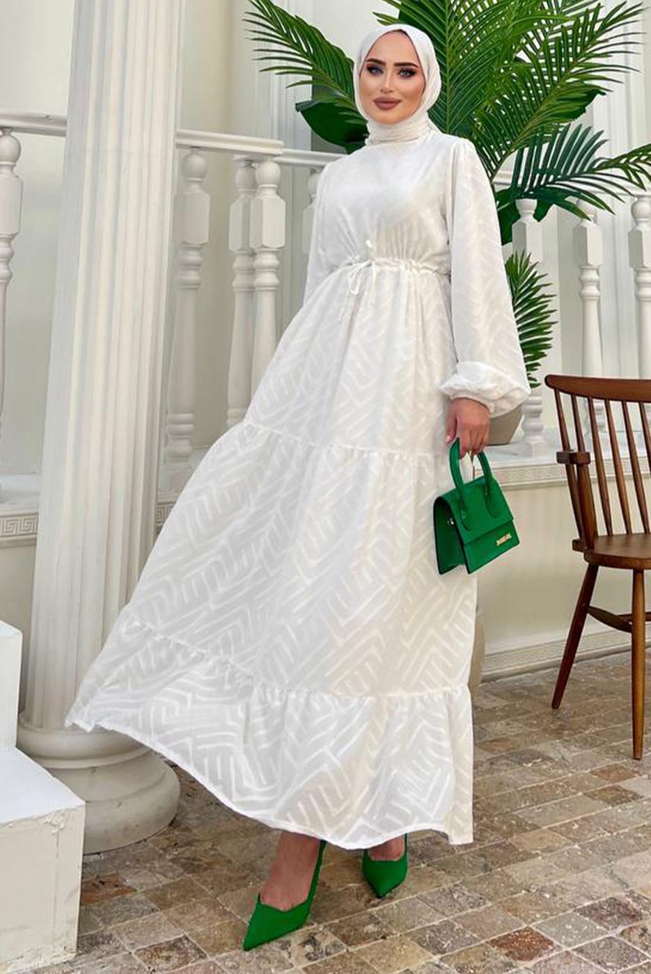 Tesettür giyim BEYAZ BALON KOL ELBİSE T 81532