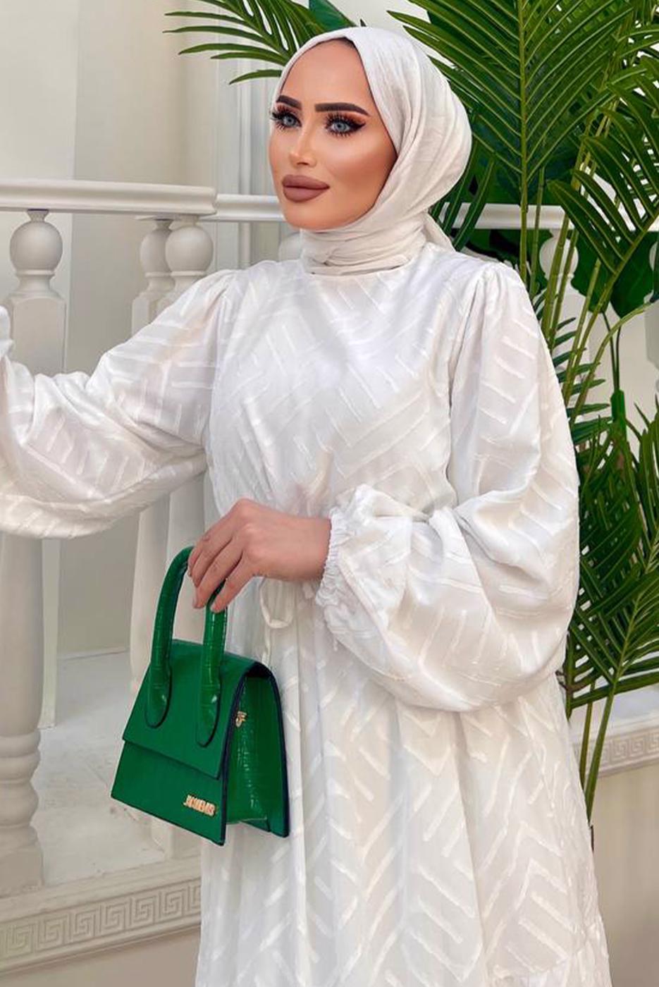 Tesettür giyim BEYAZ BALON KOL ELBİSE T 81532