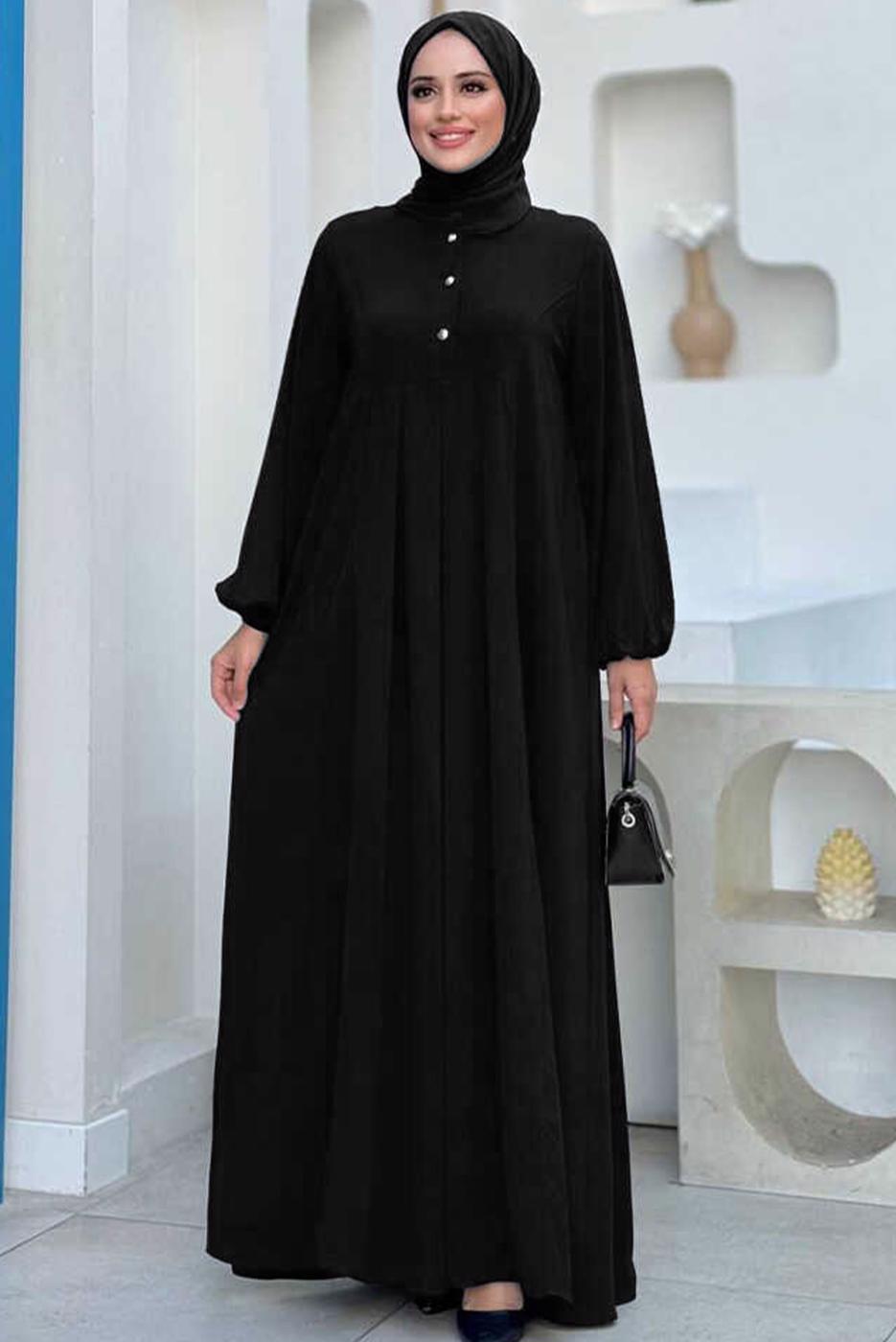 Tesettür giyim SİYAH DÜĞME DETAYLI ELBİSE T 8206