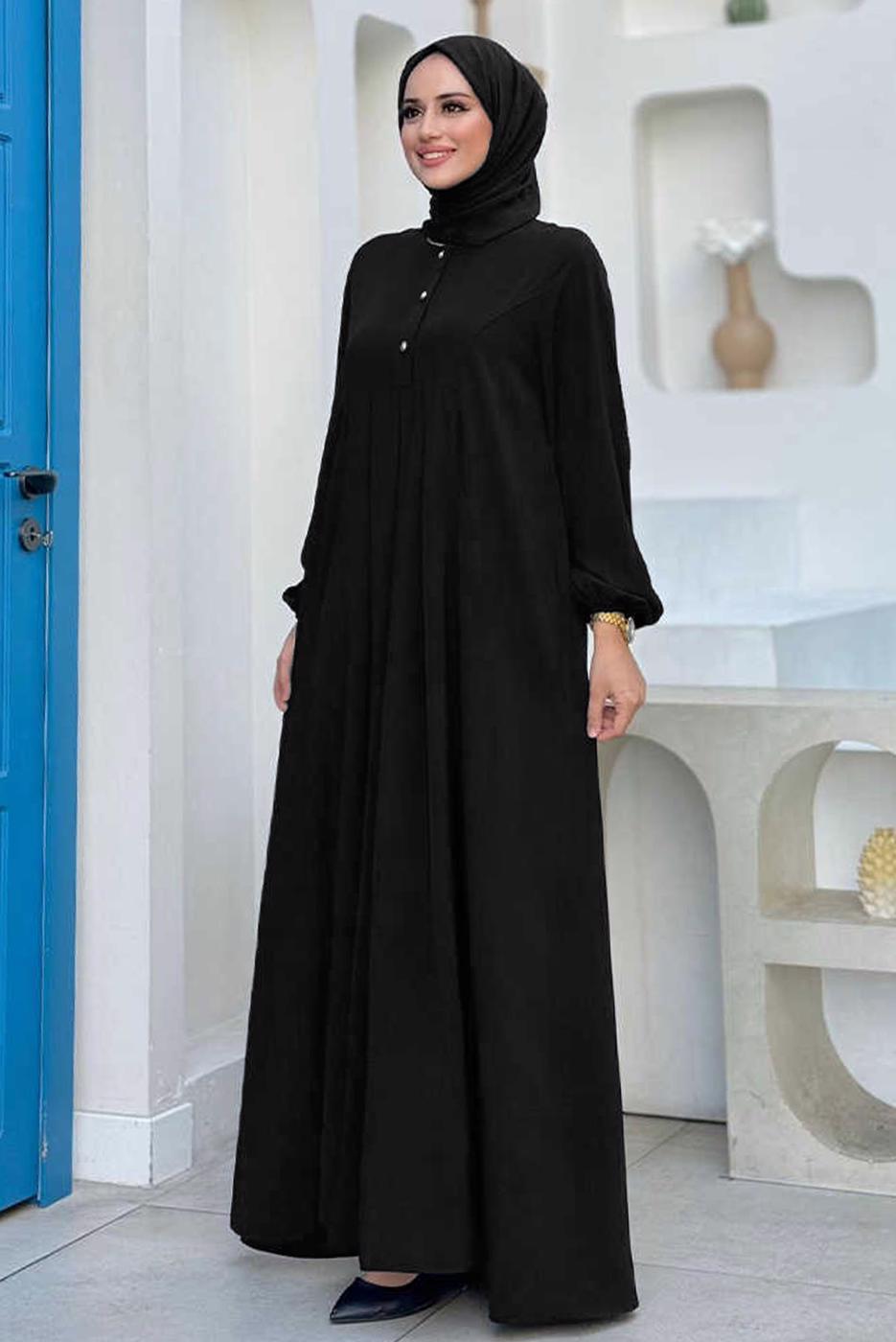 Tesettür giyim SİYAH DÜĞME DETAYLI ELBİSE T 8206