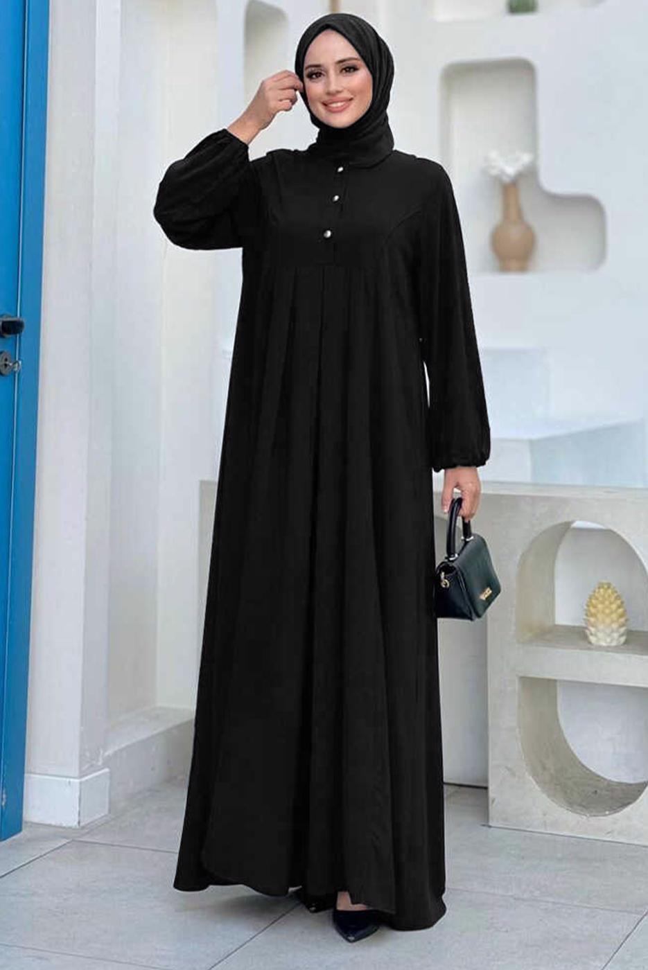 Tesettür giyim SİYAH DÜĞME DETAYLI ELBİSE T 8206