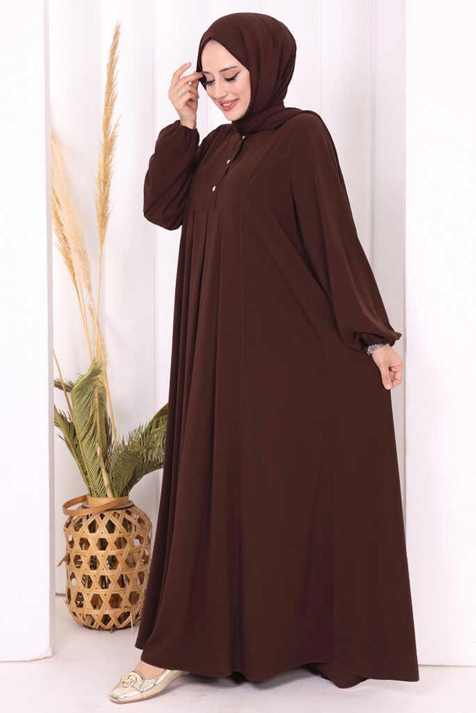 Vêtements hijab BRUN ROBE AVEC DÉTAIL DE BOUTON T 8206