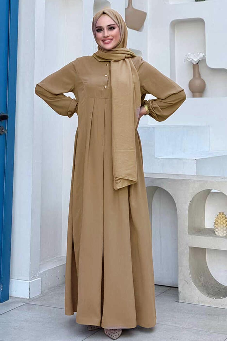 Tesettür giyim VİZON DÜĞME DETAYLI ELBİSE T 8206