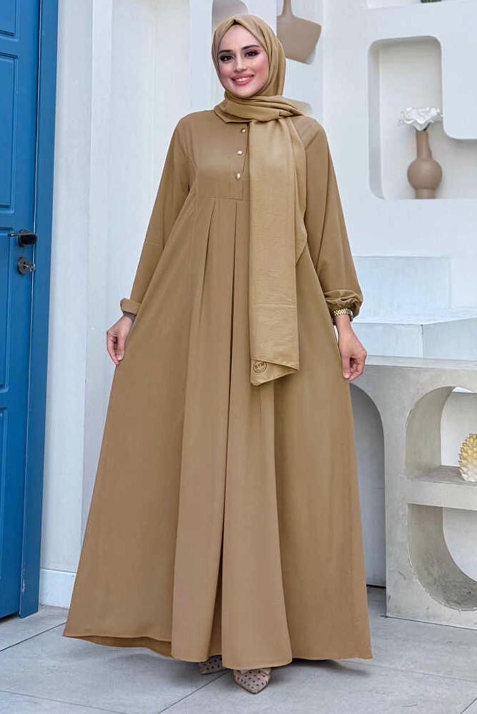 Tesettür giyim VİZON DÜĞME DETAYLI ELBİSE T 8206