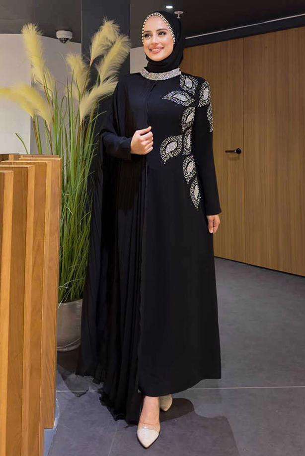 Vêtements hijab NOIR ROBE DE SOIRÉE AVEC CAPE T 8393 - TRENDTESETTÜR