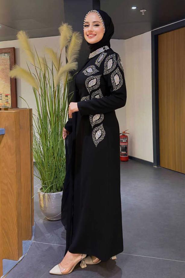 Vêtements hijab NOIR ROBE DE SOIRÉE AVEC CAPE T 8393 - TRENDTESETTÜR