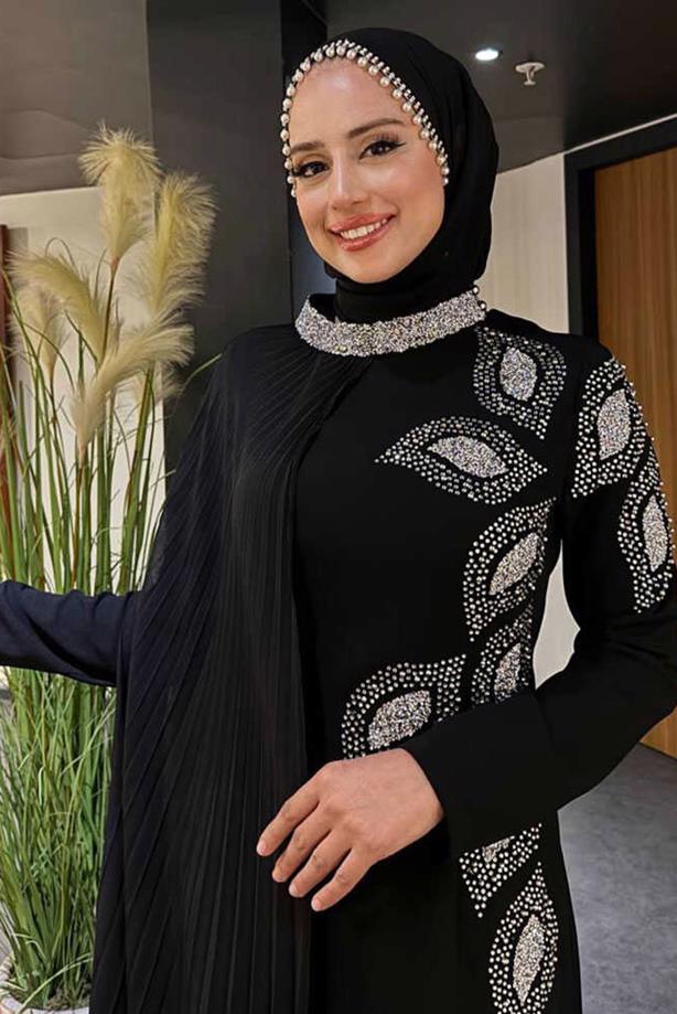 Vêtements hijab NOIR ROBE DE SOIRÉE AVEC CAPE T 8393 - TRENDTESETTÜR