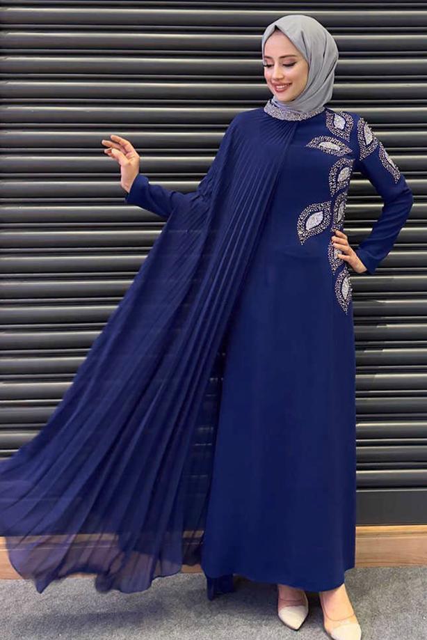 Vêtements hijab BLEU MARINE ROBE DE SOIRÉE AVEC CAPE T 8393 - TRENDTESETTÜR