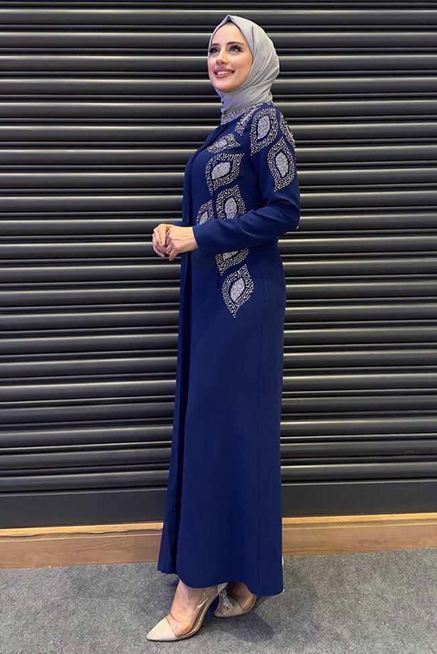 Vêtements hijab BLEU MARINE ROBE DE SOIRÉE AVEC CAPE T 8393 - TRENDTESETTÜR