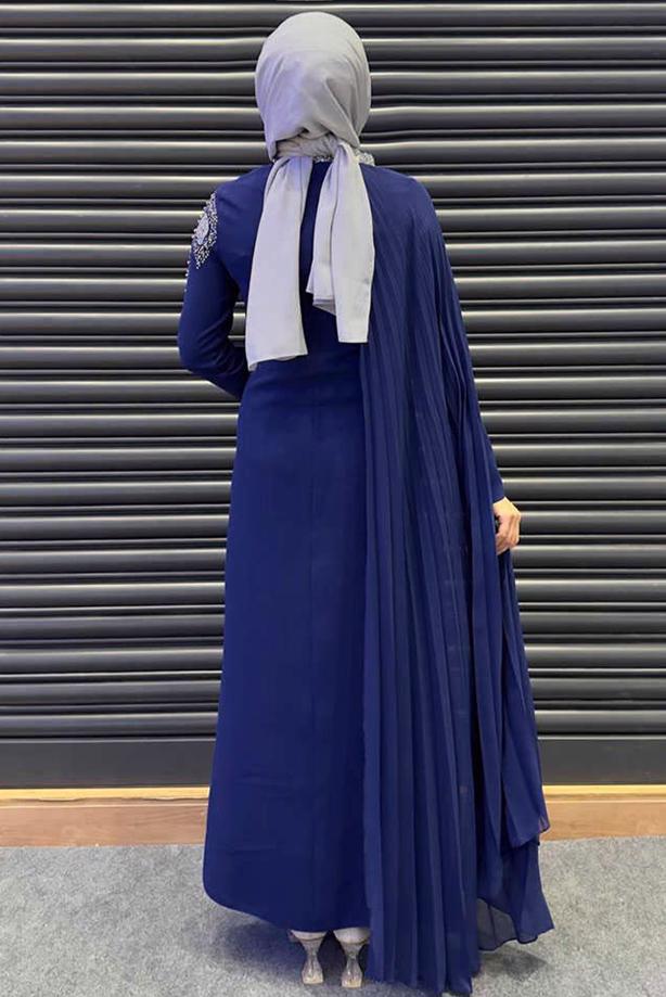Vêtements hijab BLEU MARINE ROBE DE SOIRÉE AVEC CAPE T 8393 - TRENDTESETTÜR