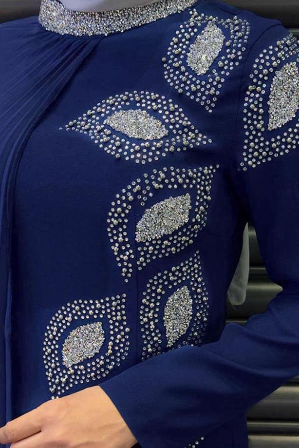Vêtements hijab BLEU MARINE ROBE DE SOIRÉE AVEC CAPE T 8393 - TRENDTESETTÜR