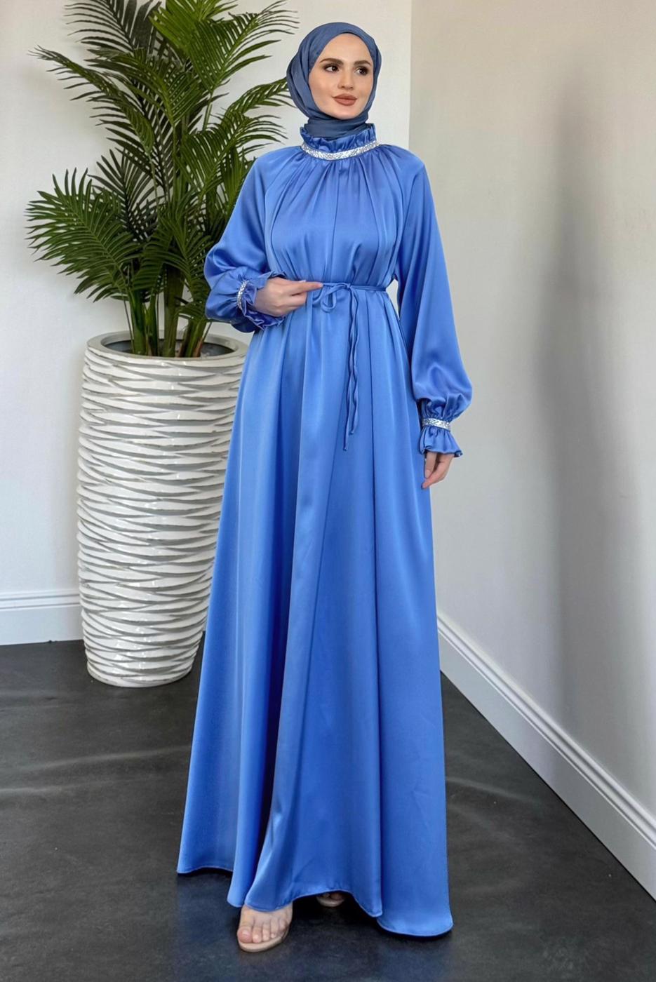Tesettür giyim MAVİ YAKASI TAŞLI ABİYE ELBİSE T 8441