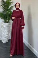 Tesettür giyim BORDO YAKASI TAŞLI ABİYE ELBİSE T 8441