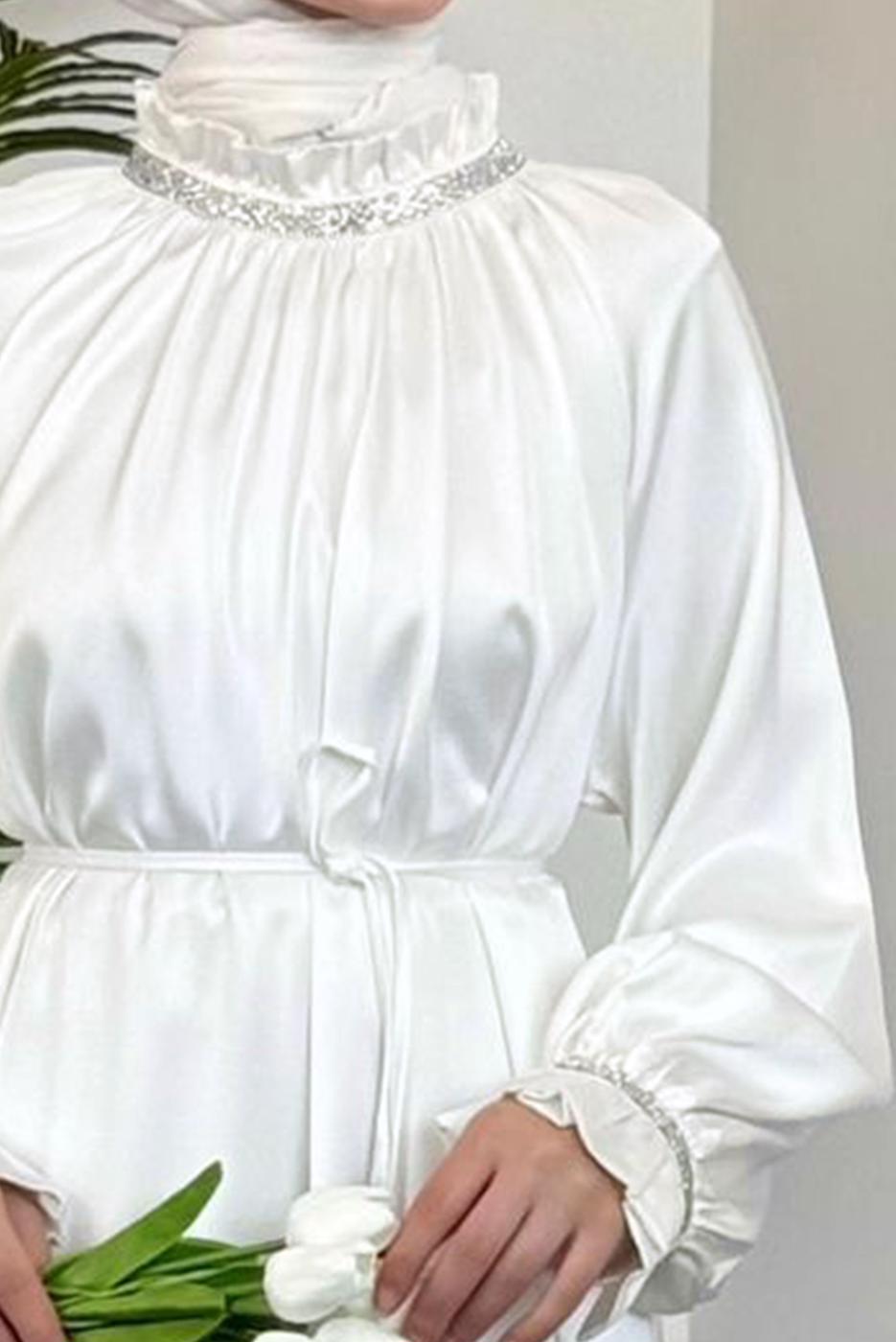 Tesettür giyim EKRU YAKASI TAŞLI ABİYE ELBİSE T 8441