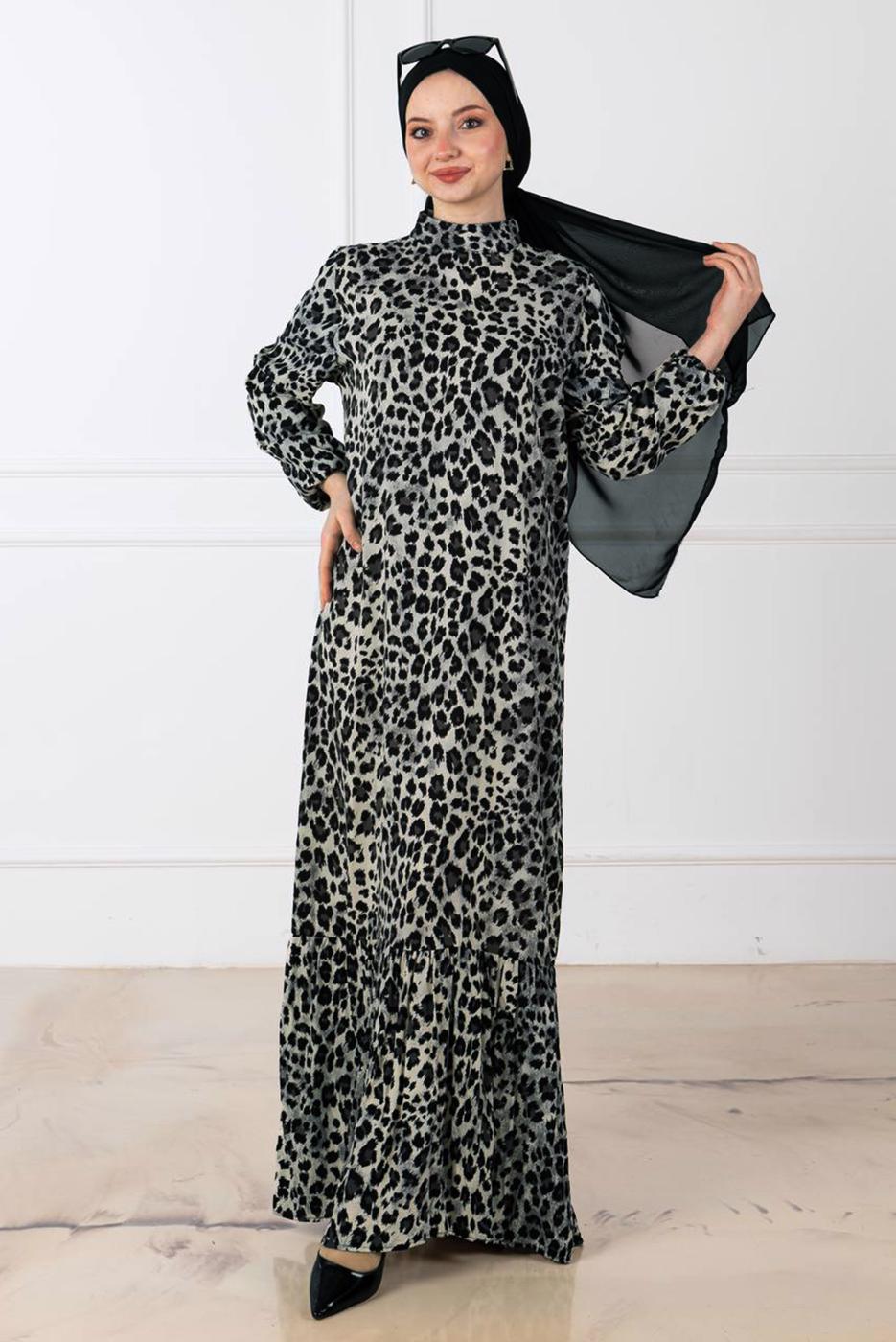 Tesettür giyim SİYAH LEOPAR DESENLİ ELBİSE T 8529