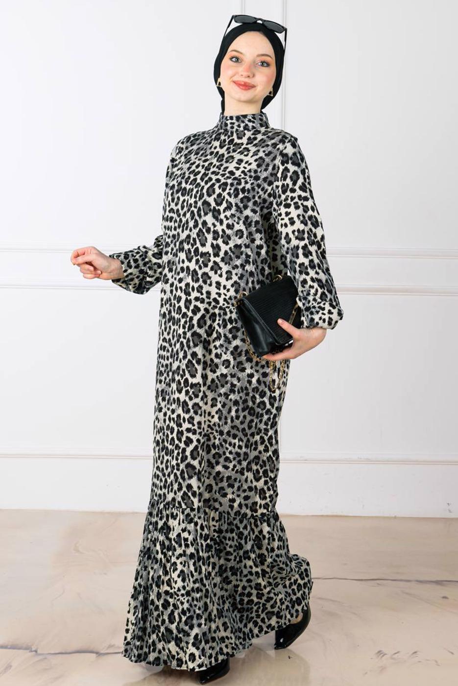 Tesettür giyim SİYAH LEOPAR DESENLİ ELBİSE T 8529