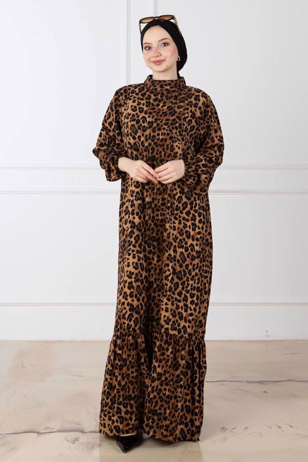 Vêtements hijab BRUN ROBE À MOTIF LÉOPARD T 8529 - TRENDTESETTÜR
