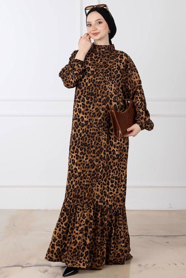 Vêtements hijab BRUN ROBE À MOTIF LÉOPARD T 8529 - TRENDTESETTÜR
