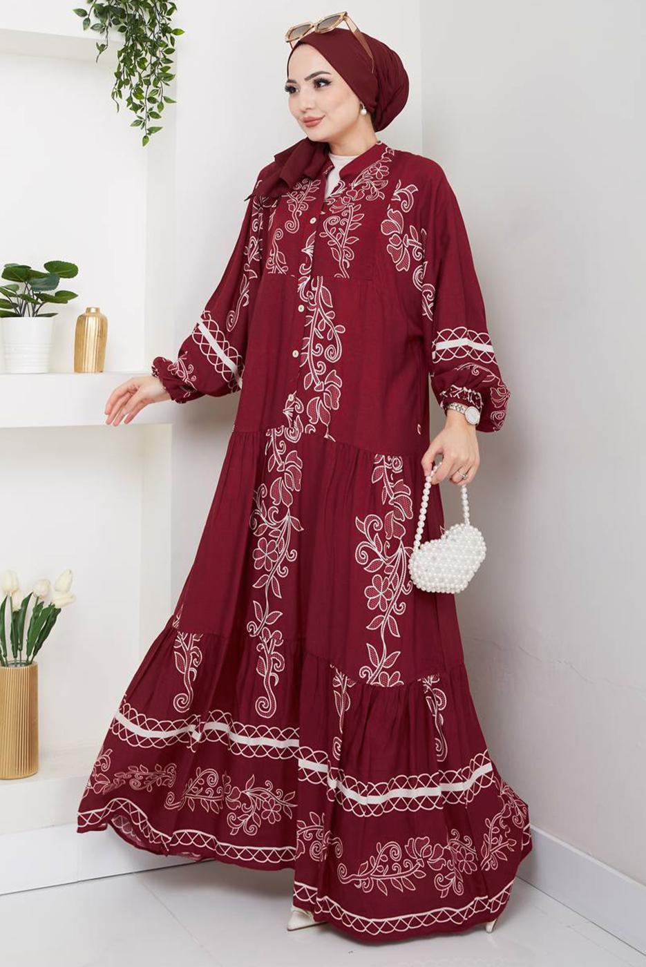 Vêtements hijab ROUGE BORDEAUX ROBE À MOTIFS T 8558