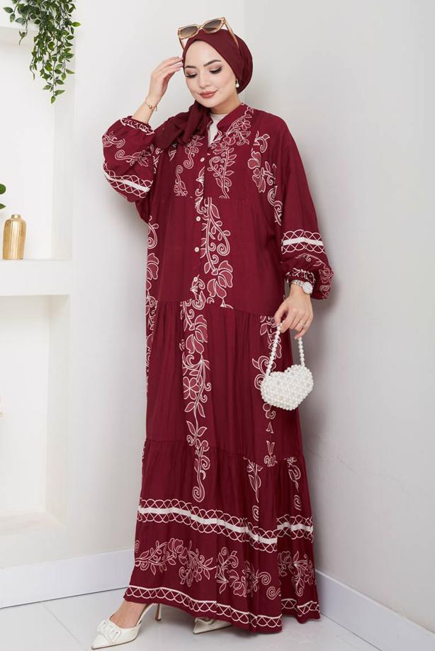 Vêtements hijab ROUGE BORDEAUX ROBE À MOTIFS T 8558 - TRENDTESETTÜR