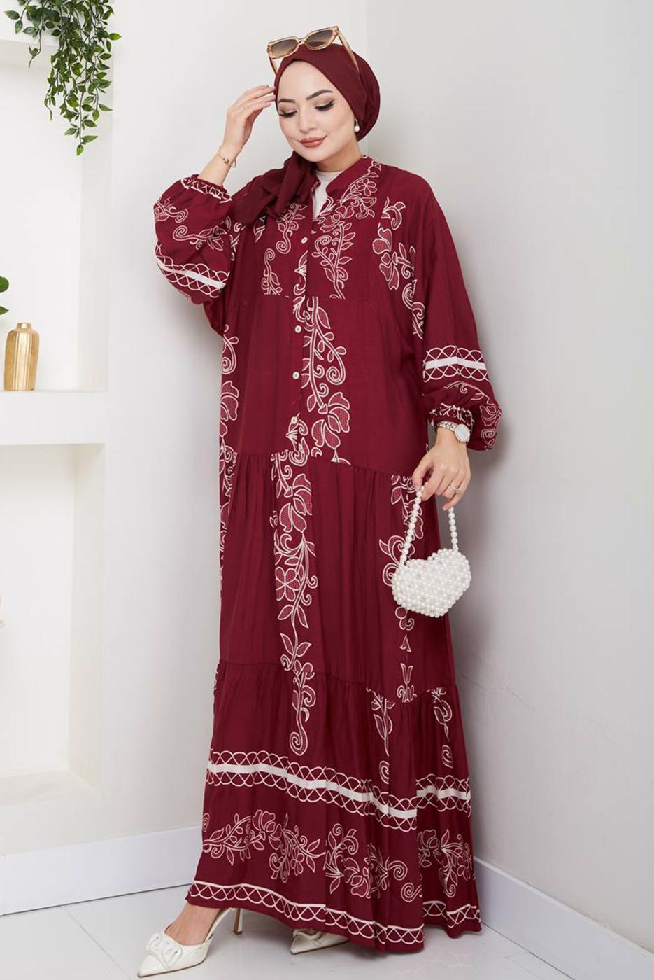 Vêtements hijab ROUGE BORDEAUX ROBE À MOTIFS T 8558