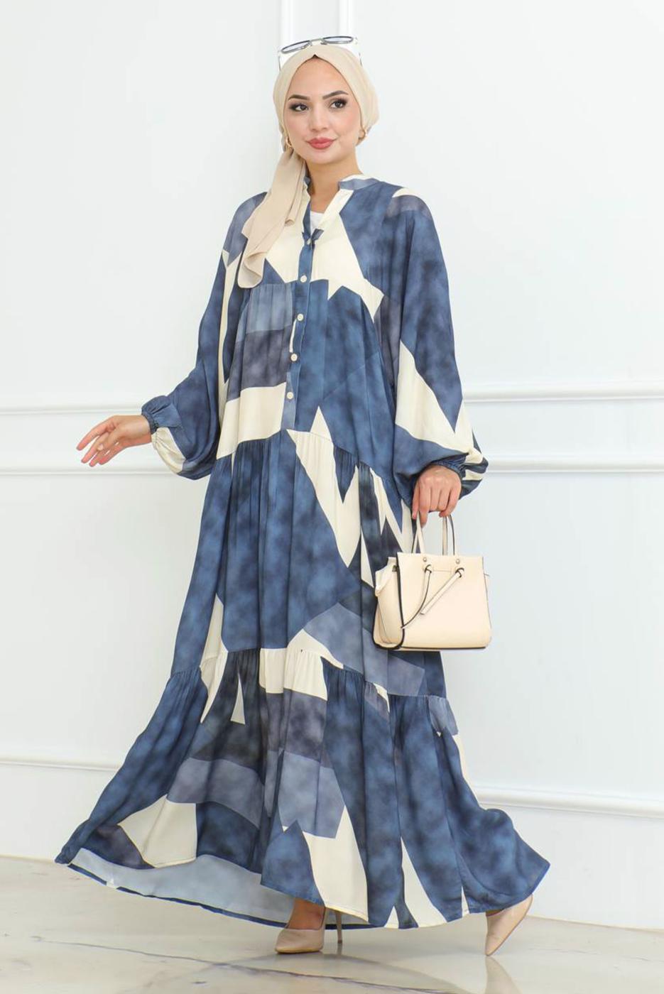 Tesettür giyim LACİVERT DESENLİ ELBİSE T 8642