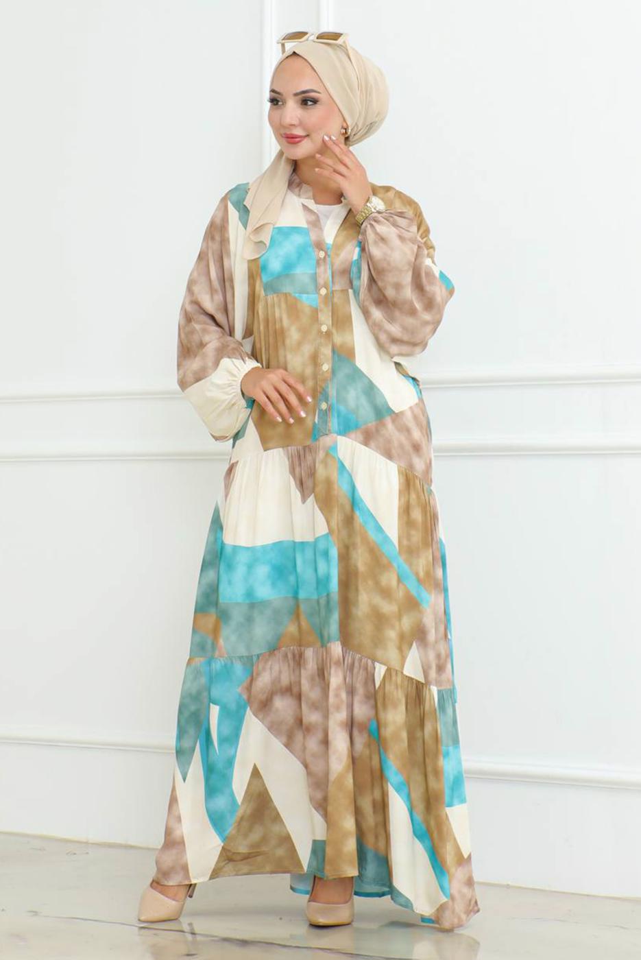 Tesettür giyim YEŞİL DESENLİ ELBİSE T 8642