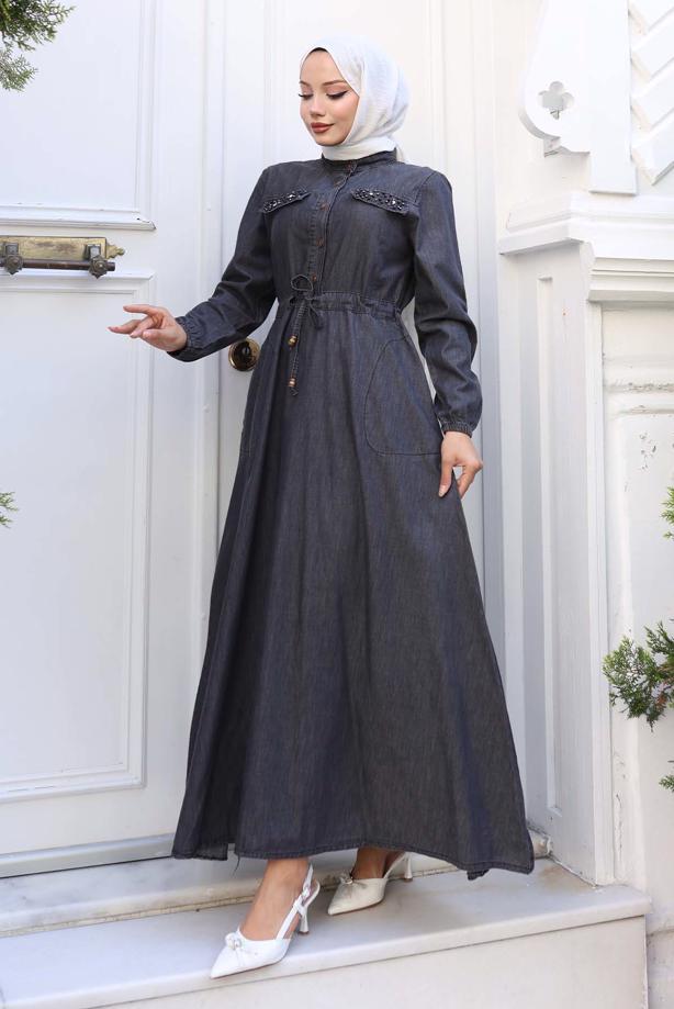 Vêtements hijab NOIR ROBE EN DENIM DE COTON T 8676 - TRENDTESETTÜR