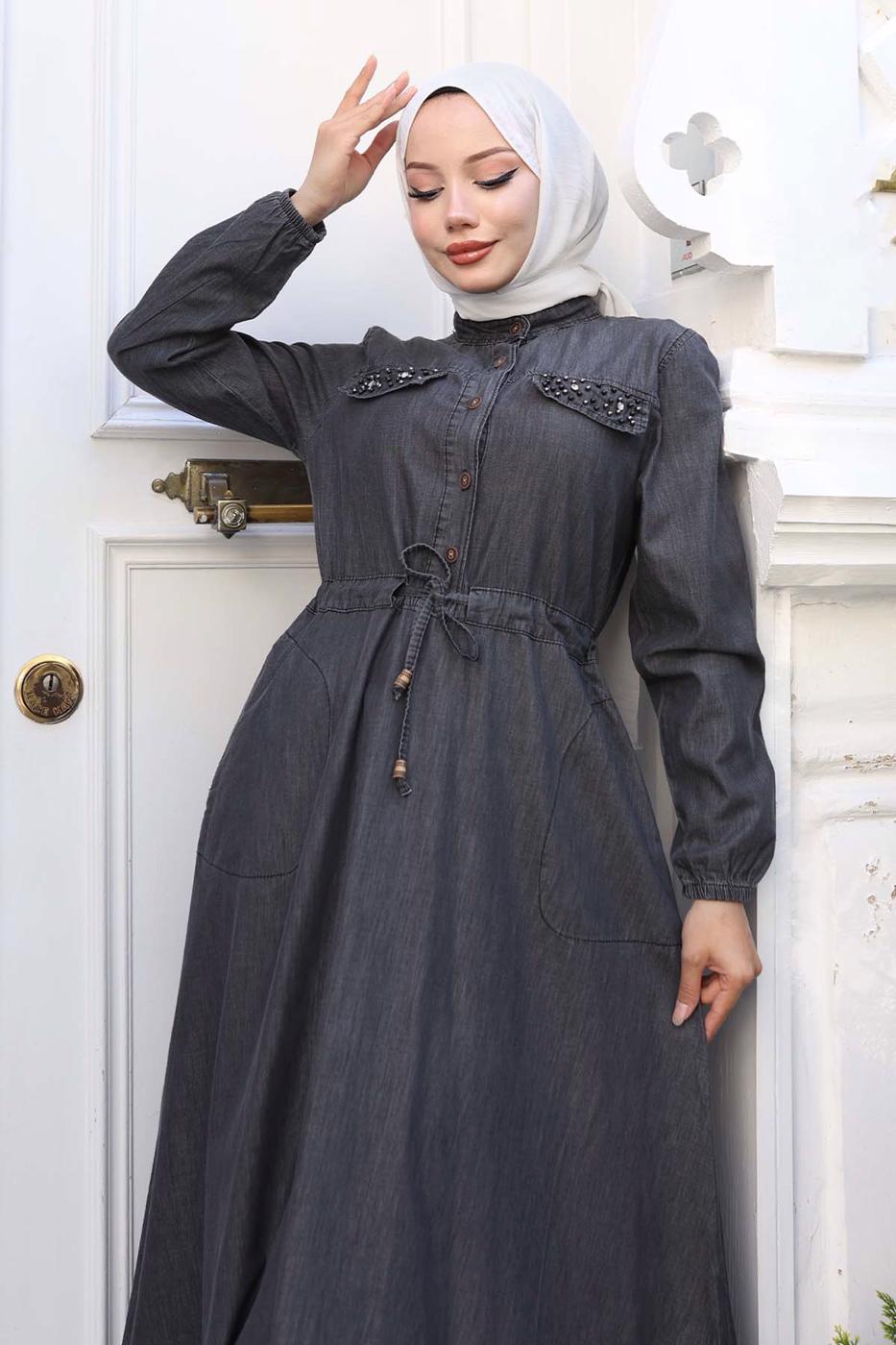 Tesettür giyim SİYAH PAMUKLU DENİM ELBİSE T 8676