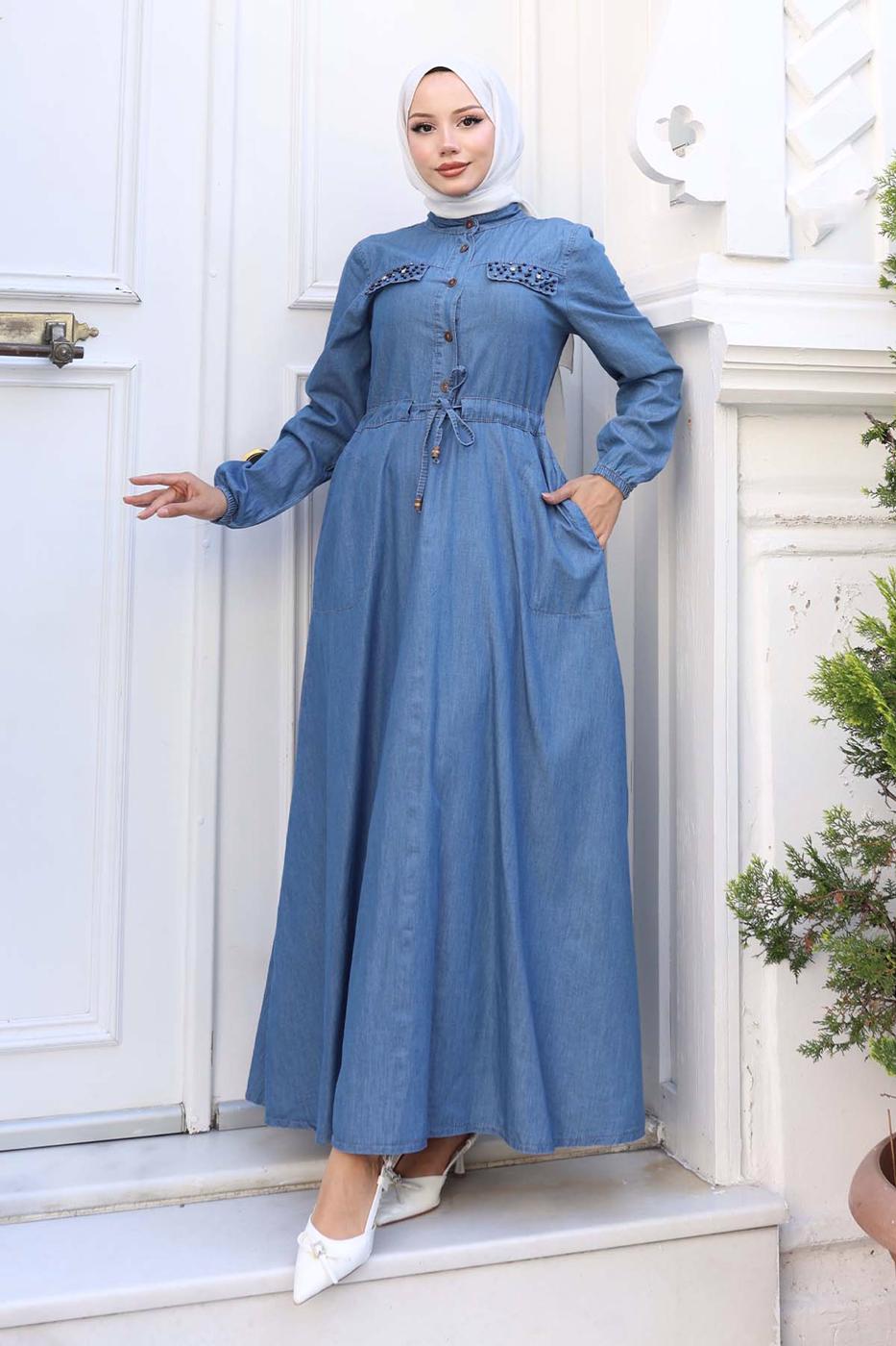 Tesettür giyim LACİVERT PAMUKLU DENİM ELBİSE T 8676