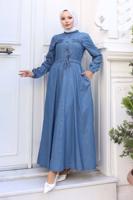 Tesettür giyim LACİVERT PAMUKLU DENİM ELBİSE T 8676