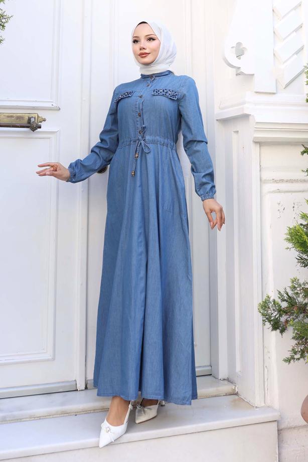 Vêtements hijab BLEU MARINE ROBE EN DENIM DE COTON T 8676 - TRENDTESETTÜR