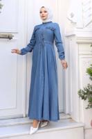 Tesettür giyim LACİVERT PAMUKLU DENİM ELBİSE T 8676
