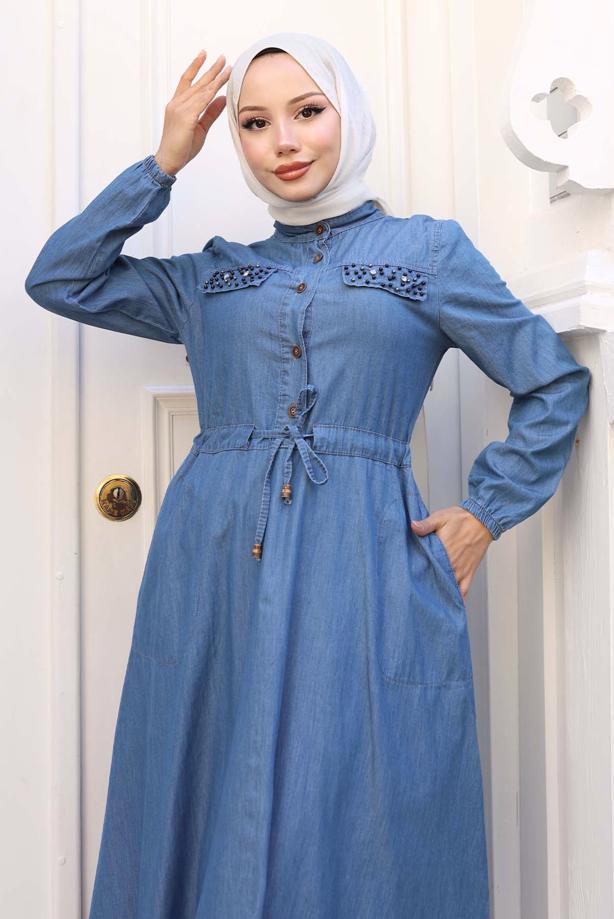 Vêtements hijab BLEU MARINE ROBE EN DENIM DE COTON T 8676 - TRENDTESETTÜR