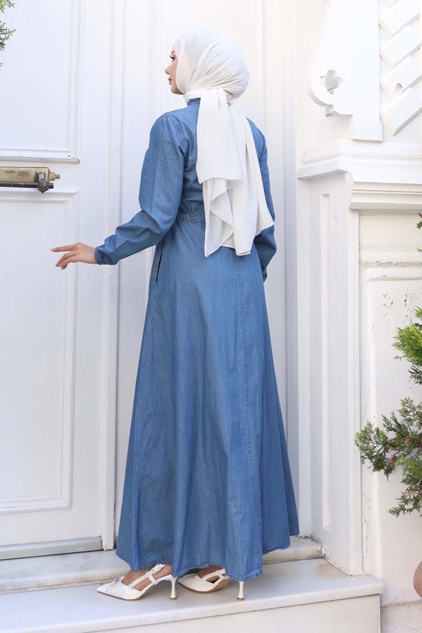 Vêtements hijab BLEU MARINE ROBE EN DENIM DE COTON T 8676 - TRENDTESETTÜR