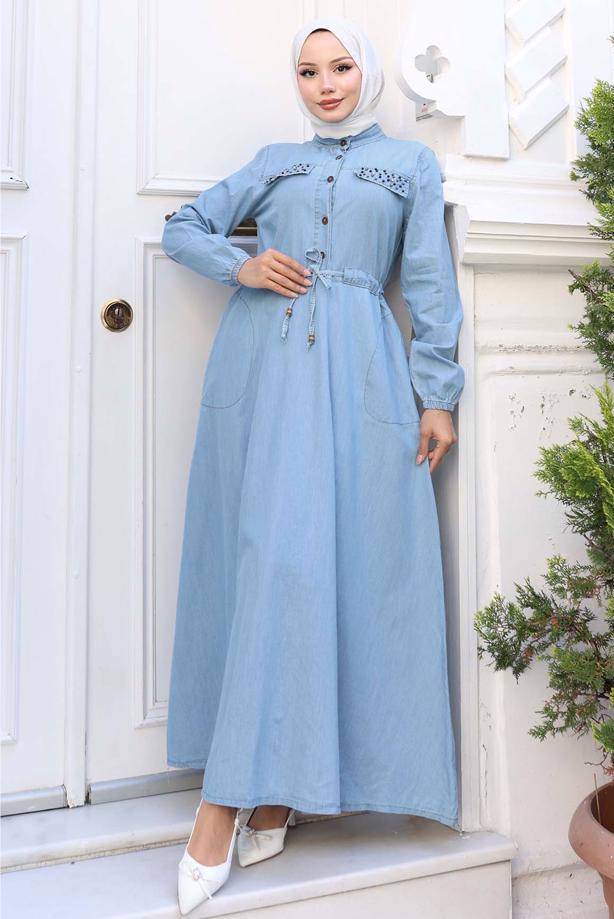 Vêtements hijab BLEU ROBE EN DENIM DE COTON T 8676 - TRENDTESETTÜR