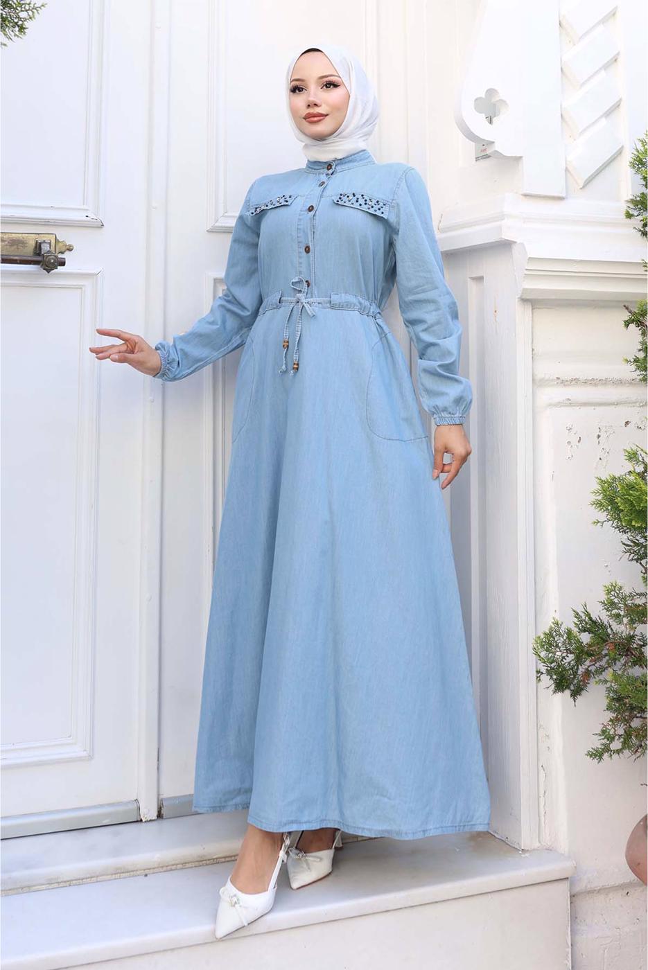 Vêtements hijab BLEU ROBE EN DENIM DE COTON T 8676