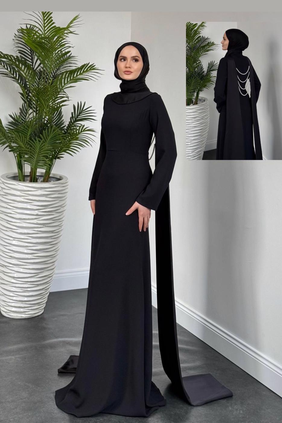 Vêtements hijab NOIR ROBE DE SOIRÉE À DÉTAILS DE PERLES T 8916