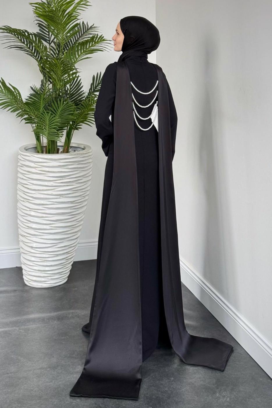 Vêtements hijab NOIR ROBE DE SOIRÉE À DÉTAILS DE PERLES T 8916
